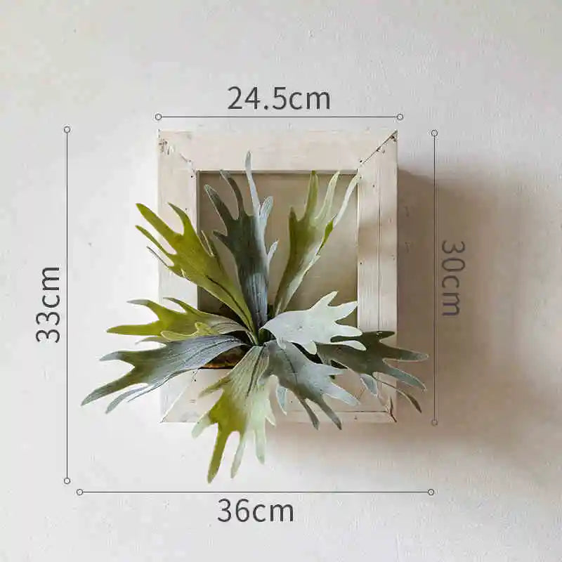 Artificial Tropical Plant Wall Hanging Decoration Antler Fern Green Plant Landscape Display Furnishings Home Decor, Wooden Frame