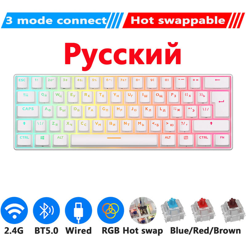 RK61 RK Royal Kludge Russian Gaming Keyboard Wireless Mechanical Keyboard 60% RGB Backlit 61 Keys Bluetooth/USB/2.4G Typewriter