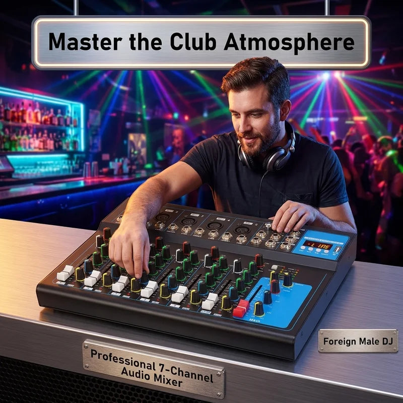 NXG F7 Professional Audio Mixer, 7-Channel Sound Console, Alloy Black, with USB Playback, PC Recording, XLR Mic Jack, RCA, for Live Streaming