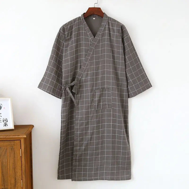 2026 New Men's 100% Cotton Gauze Bath Robes Loose Thin Japanese Kimono Pajamas for Men Casual Lace Up Bathrobes V-Neck Nightgown