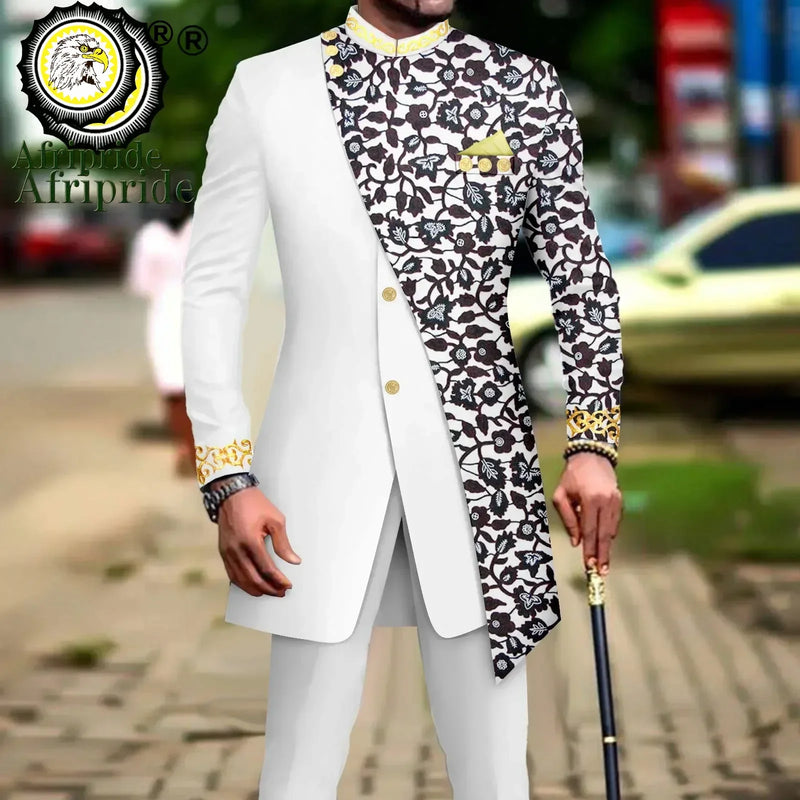 African Suits for Men Embroidery Print Blazer and Pants Set Business Dress with Kerchief Party Wedding - View 27 | SAMAG