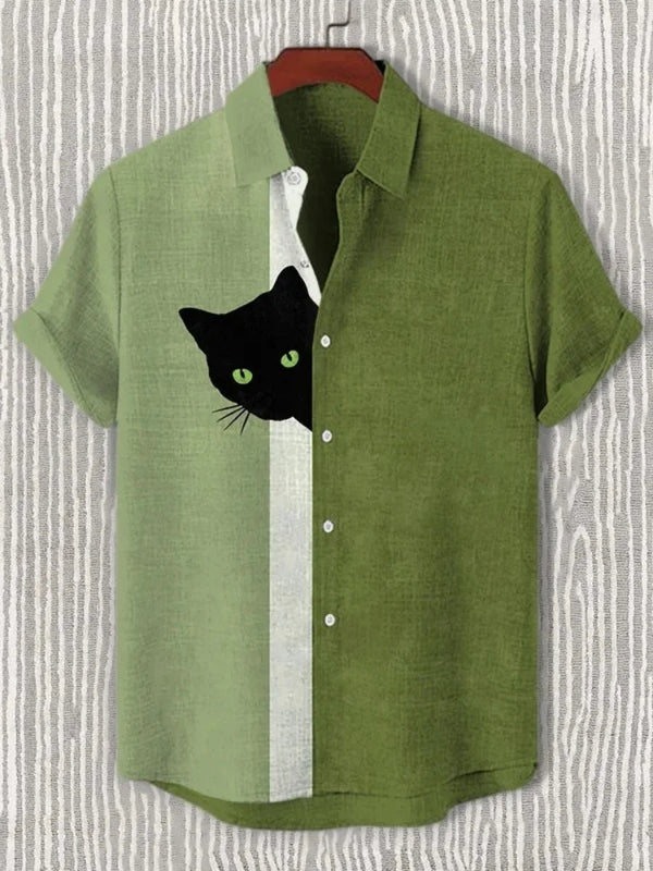 Men's Fun Hide-and-Seek Black Cat Print Shirt, Summer | SAMAG