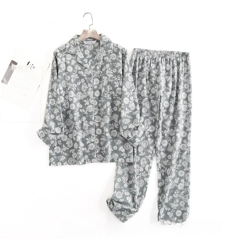 Cotton Flannel Women's Long Pants Pajamas Sets for Sleepwear Plaid Design Loose Autumn and Winter Long Sleeve Trouser Suits
