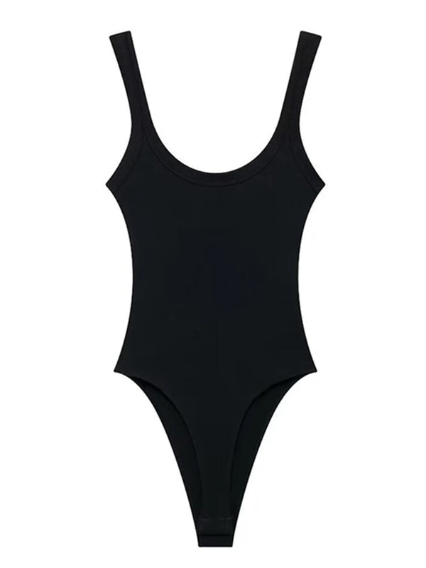 Women's Skinny Ribbed Bodysuits O Neck Straps Snap-Button Sexy Fashion Female Playsuits Comfortable Stretchy Clothing