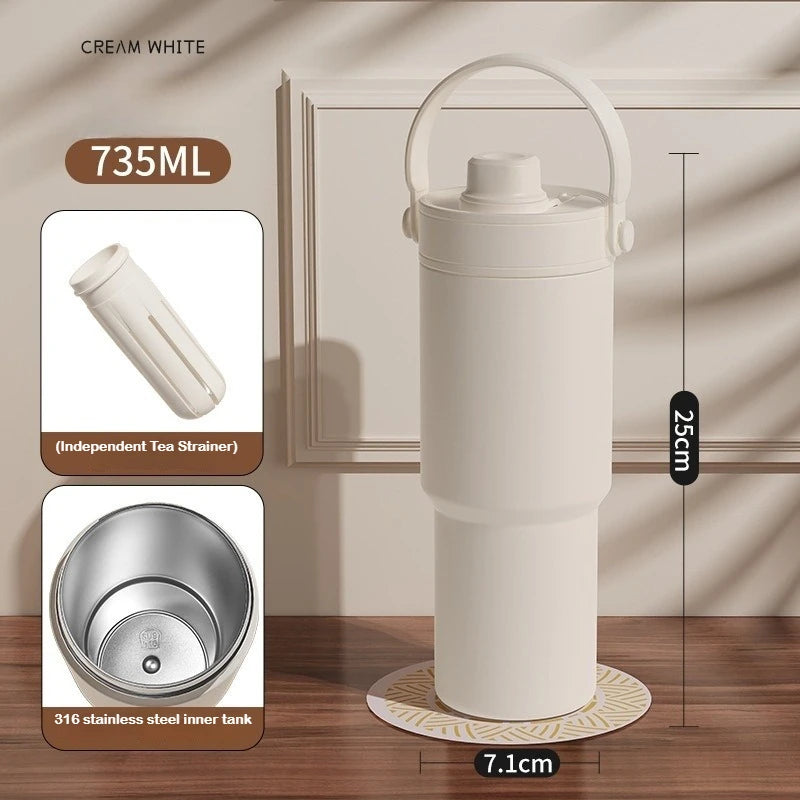 735ML Tumbler with Straw Portable Handle Cold Coffee Thermos  24OZ  316 Stainless Steel Inner nsulated Travel Mug Water Bottle