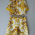 2026 Summer Women's Clothing Retro Geometric Print Lapel Loose Shirt Two-piece Set + Wide Leg Shorts Hot Pants Fashion Suit