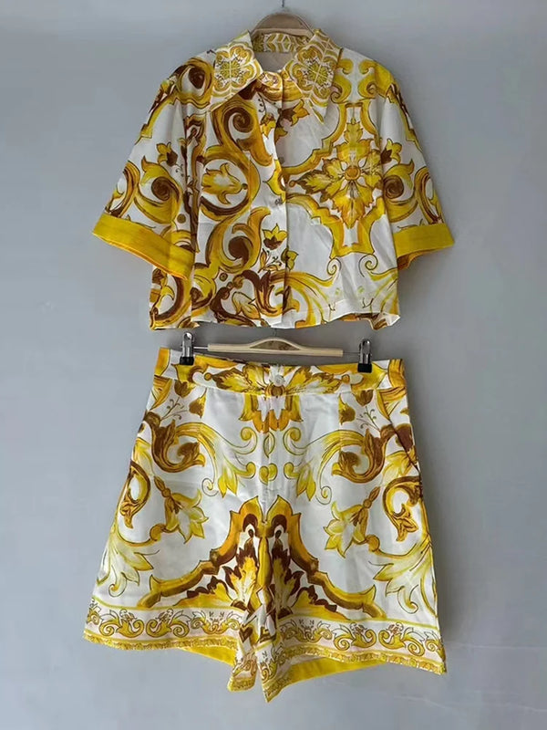 2026 Summer Women's Clothing Retro Geometric Print Lapel Loose Shirt Two-piece Set + Wide Leg Shorts Hot Pants Fashion Suit