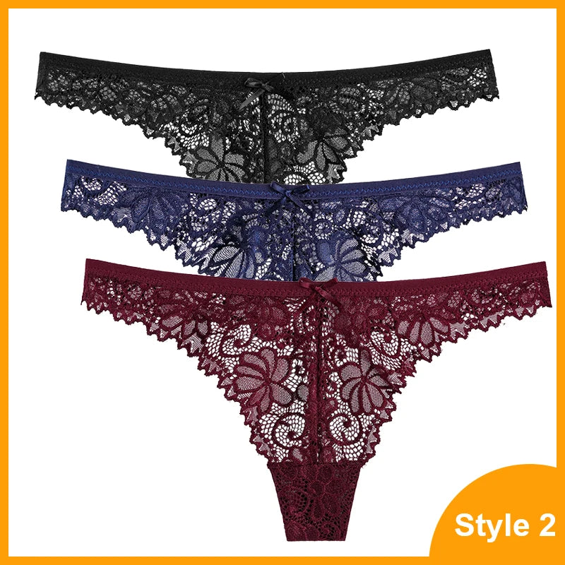 3 Pcs Woman Panties Sexy Lace Thong Underwear Lingerie Female T-back Temptation Low Waist Women Transparent G String