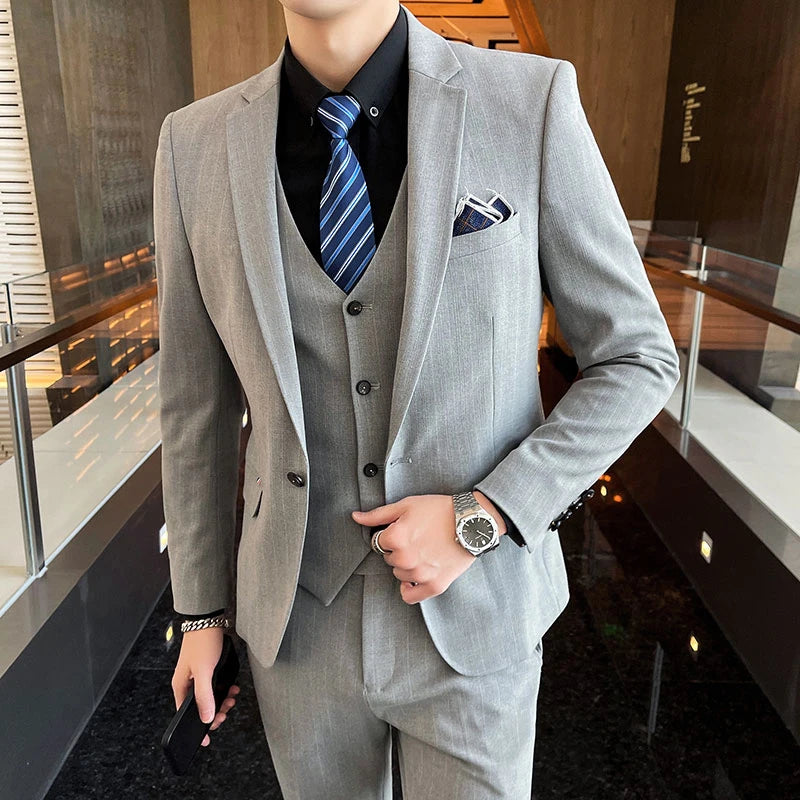Winter Stripes Three-piece High-Grade Groom Wedding Suit with Vest And Trousers Business Fashion Handsome Casual Wedding Outfit