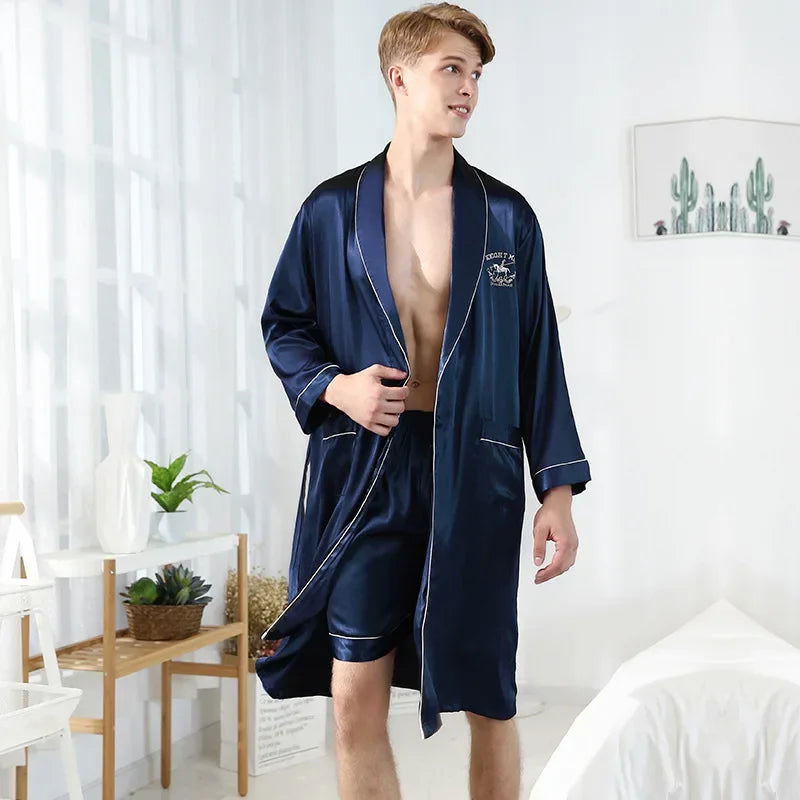 Spring Autumn Male Robe 3PCS Sleepwear Set Ice Silk Kimono Bathrobe Gown Loungewear Loose Casual Satin Homewear Nightwear 3XL