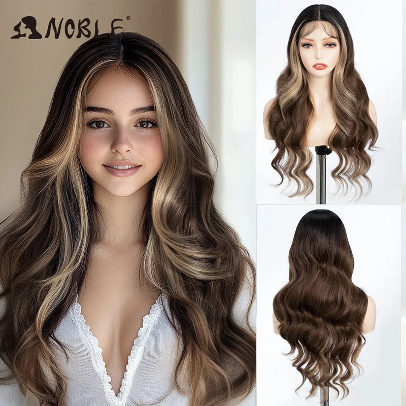 Noble 13x4 Lace Front Wig Synthetic 28 inch Long wavy ombre blonde Wigs For Women Ombre Lace Front Wig Synthetic Lace Front Wig