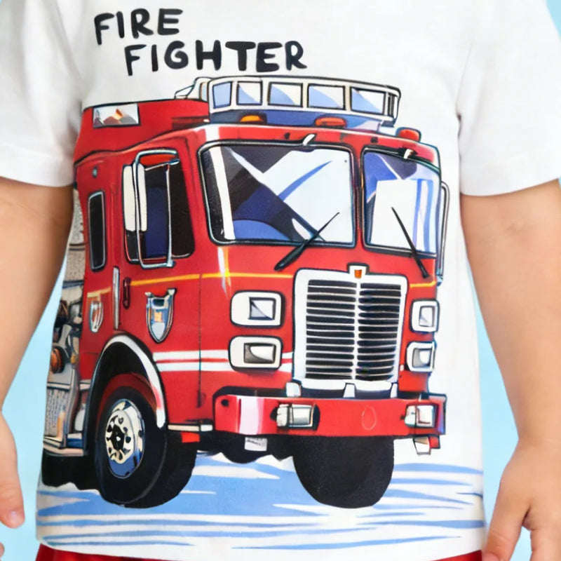 Summer Boys White Red Color Block Fire Truck Print Short - View 6 | SAMAG
