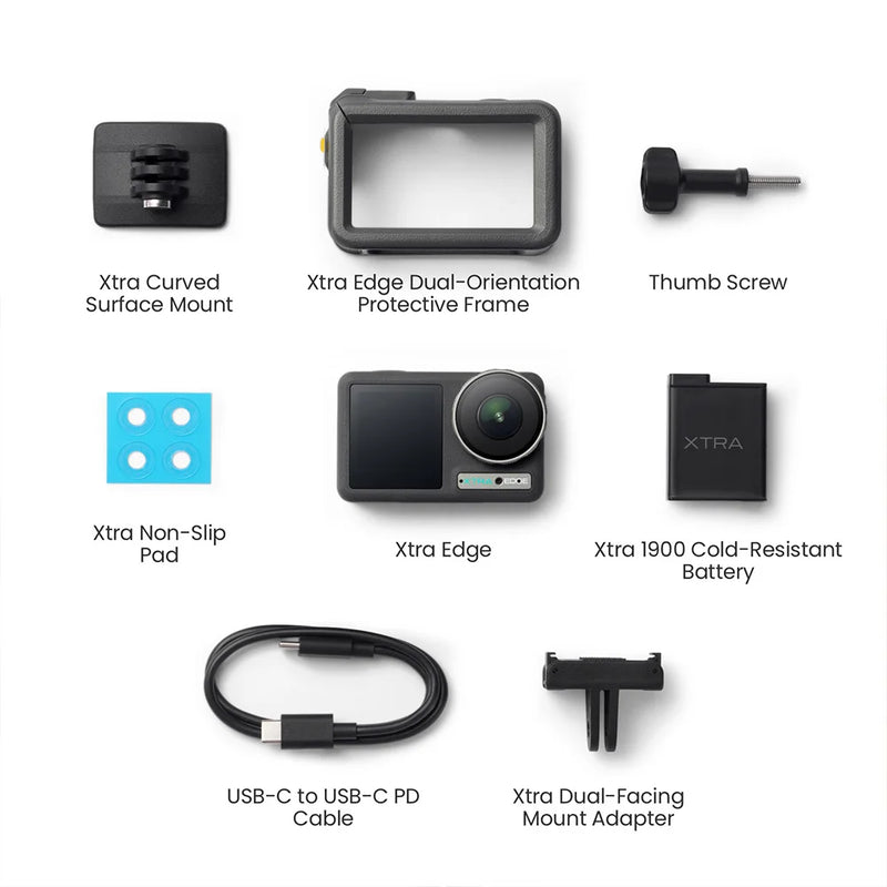 Xtra Edge Action Camera 1/1.3" Sensor, 16m No-Case Waterproof (55m with case), IP68, Dual Touchscreen, 4K 120fps, 240fps Slow Motion, MotionMaster+ Stabilization, 1900mAh Cold-Resistant Battery, -20°C Operation, 512GB Max