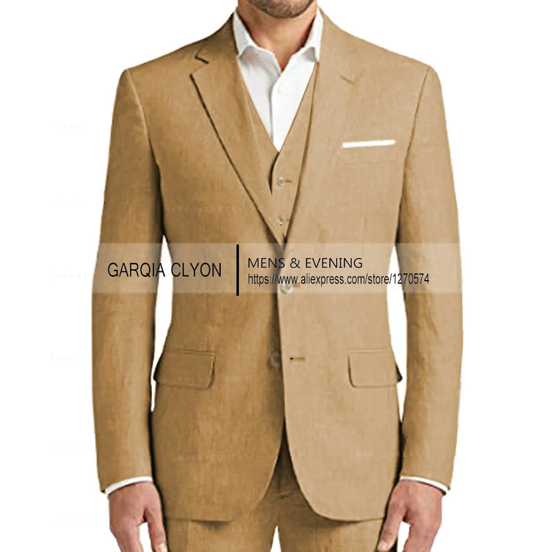 Summer Linen Suit Men Casual Party Classic Blazer Pants 3 Pieces Holiday Travel Tailor-made Breathable Cool Male Outfits
