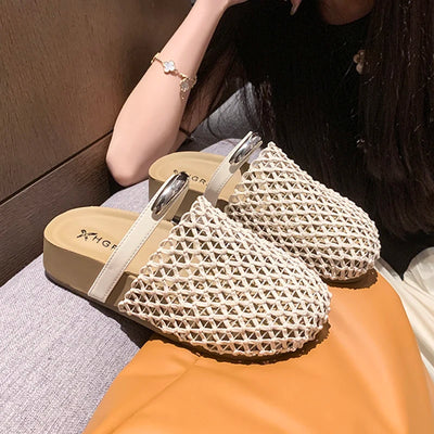 Women Hollow Out Mesh Woven Mules Slides Round Toe Metal | SAMAG