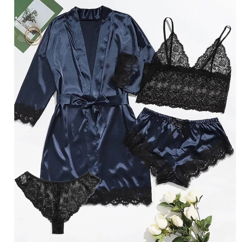 Women's Four-Piece Lace Camisole Nightwear Set with Robe | SAMAG