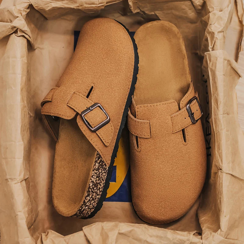 Mens Suede Cork Slippers Clogs Slip-on Leather Sandals Closed Toe Comfort Footbed Slides Slippers Summer Casual Shoes