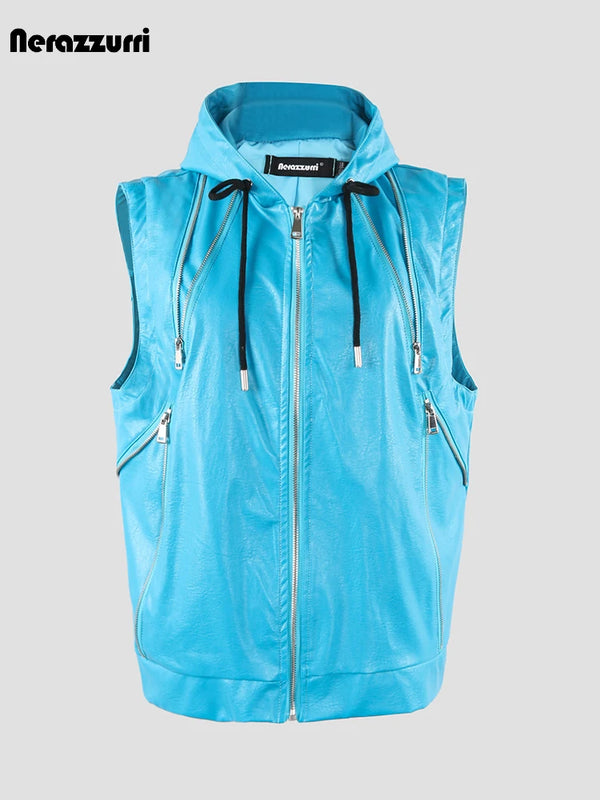 Nerazzurri Summer Autumn Short Black Blue Pu Leather Vest Men with Hood Zipper Luxury Designer Sleeveless Jacket Unisex Clothes