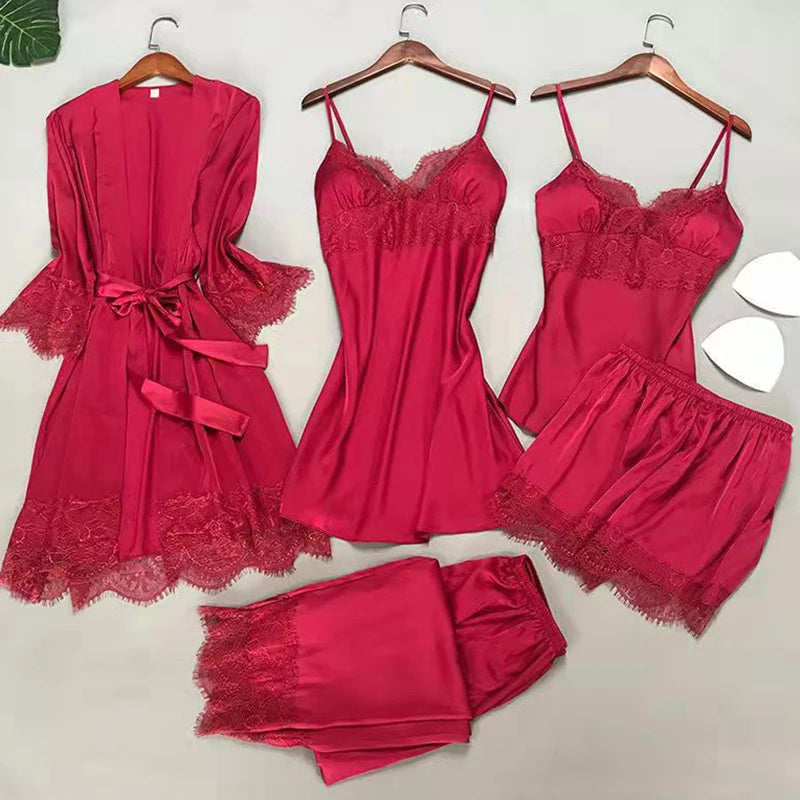 White Sleep Set Pajamas Lady Lace Satin Pyjamas Kimono | SAMAG