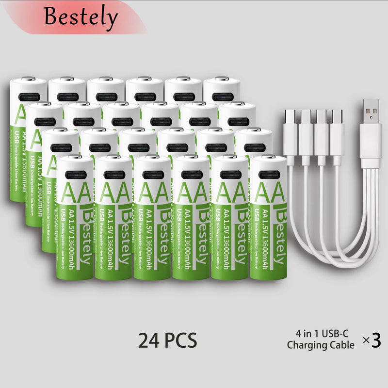 Bestely 1.5V 13600mAh USB AA Lithium Ion Rechargeable Battery, Fast Charging Li-ion Akku, 2000 Cycle with USB-C Port Cables