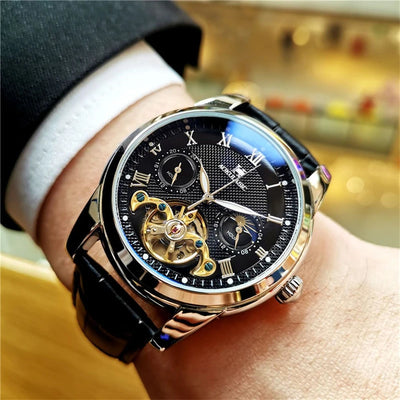 [24 - Hour Hollow Tourbillon Watch] Business - Style Mechanical - Men's Skeleton Design, 24 - Display, Round Alloy | SAMAG