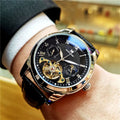 [24-Hour Hollow Tourbillon Watch] Business-Style Hollow Tourbillon Mechanical Watch - Men's Skeleton Design, 24-Hour Display, Hollow Design, Round Alloy Case, Automatic Winding, No Battery Needed, the Preferred Gift Watch.