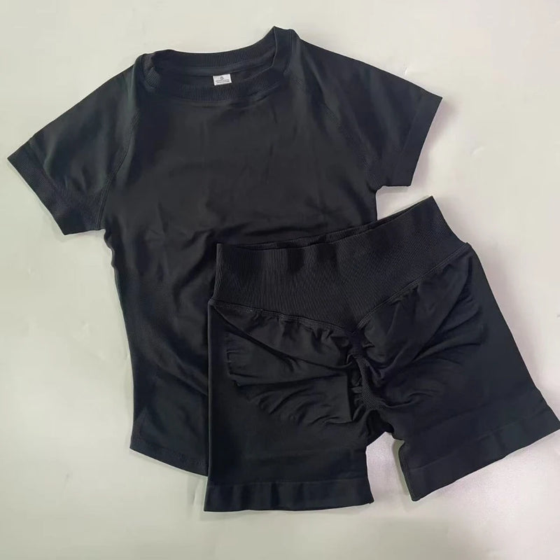 1-2 Pieces Sports Sets Short Sleeve Seamless Yoga Top Gym Suit T-shirt Set Fitness Set Women Workout Running Sports Shorts