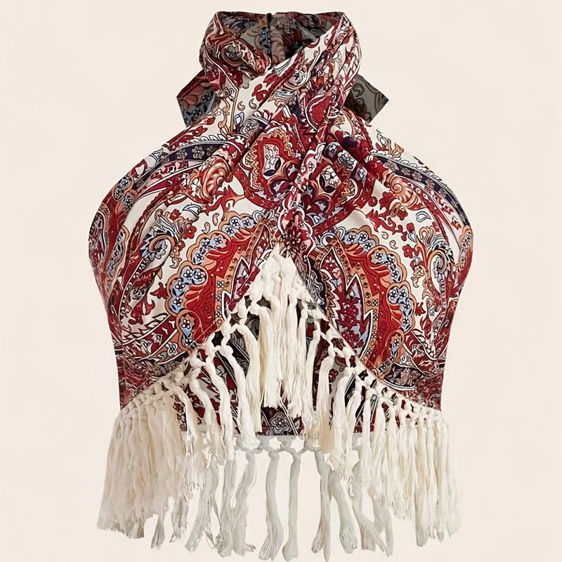 Paisley Print Fringed Edge Butterfly Knot Tie Back Hanging Neck Top Women's Bohemian Style off Shoulder Casual Fashion