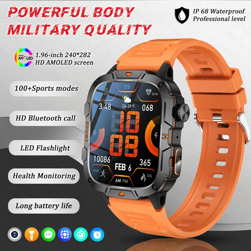 2025 New Military Grade Smart Watch Men 1.96" AMOLED Screen 5ATM Waterproof Simming Sports Fitness Tracker BT Call Smartwatches