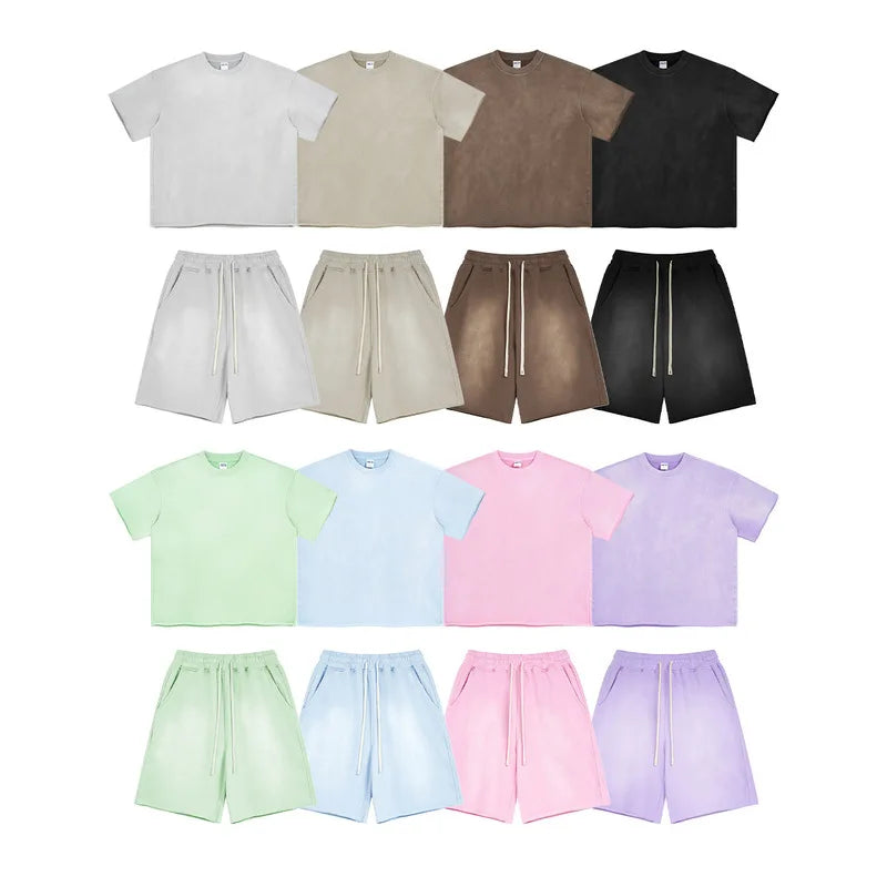 QICHE Spray Washed Faded Brushed Matching Set Men Women 2026 Summer Loose Short Sleeve Shorts
