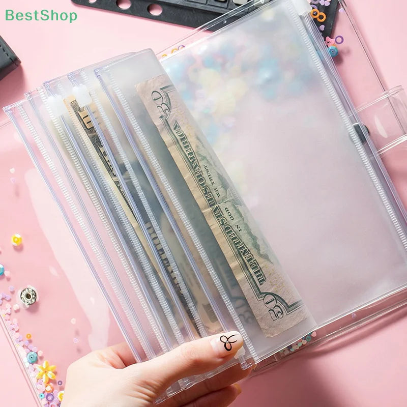 ♥8Pcs Clear A5 A6 A7 Binder Pockets Clear Zipper Folders For 6-Ring Notebook Binder Files Reports Binder