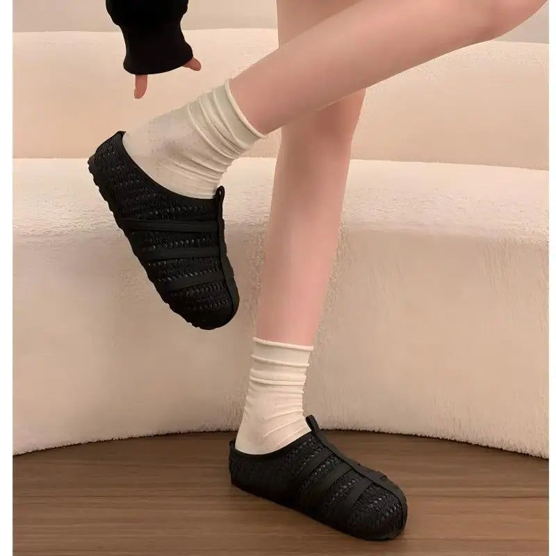 Summer Women Knitted Clogs Breathable Hollow Out Mules Retro Casual Platform Slip On Slippers Soft Beach Outdoors Walking Shoes