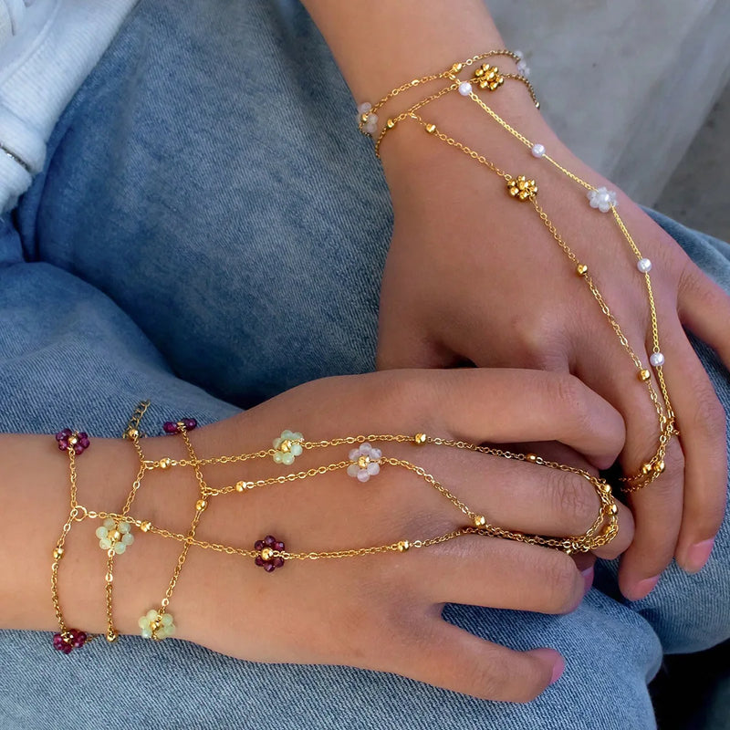 Stainless Steel Colorful Crystal Beads Flower Hand Chain Bracelet for Women Summer Dopamine Finger Ring Link Chain Beach Jewelry