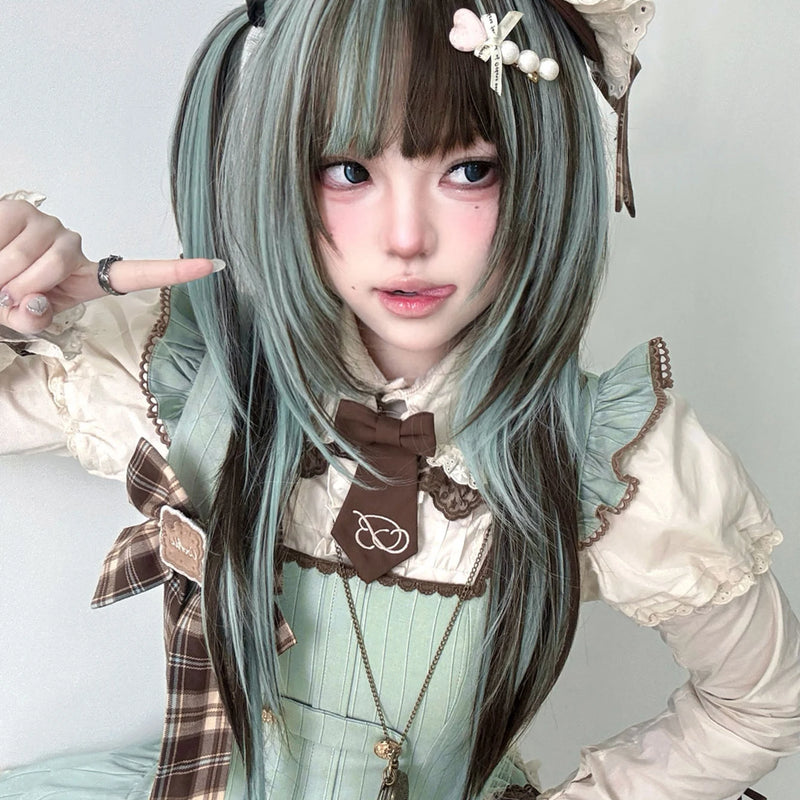 28Inch Lolita Style Mint Chocolate Synthetic Wigs with Bangs Long Natural Straight Hair Wig For Women Cosplay Heat Resistant