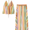 HH Fashion 2026 Women's Colorful Striped Two-Piece Set Summer Halter Neck Crop Top+Wide Leg Pants Resort Beach Outfit