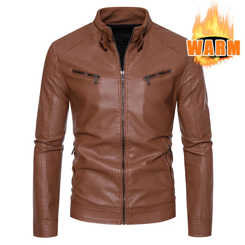Men PU Leather Jacket Fashion Autumn Winter Stand Collar Slim Leather Jackets Warm Casual Coat Moto Biker Windproof Leather Coat