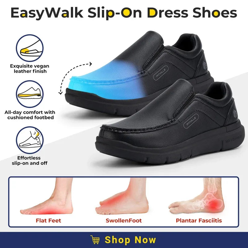 Fitville Men'S Slip-On Shoes Wide Width Leather Casual Shoes Lightweight For Swollen Feet With Arch Support Pain Relief