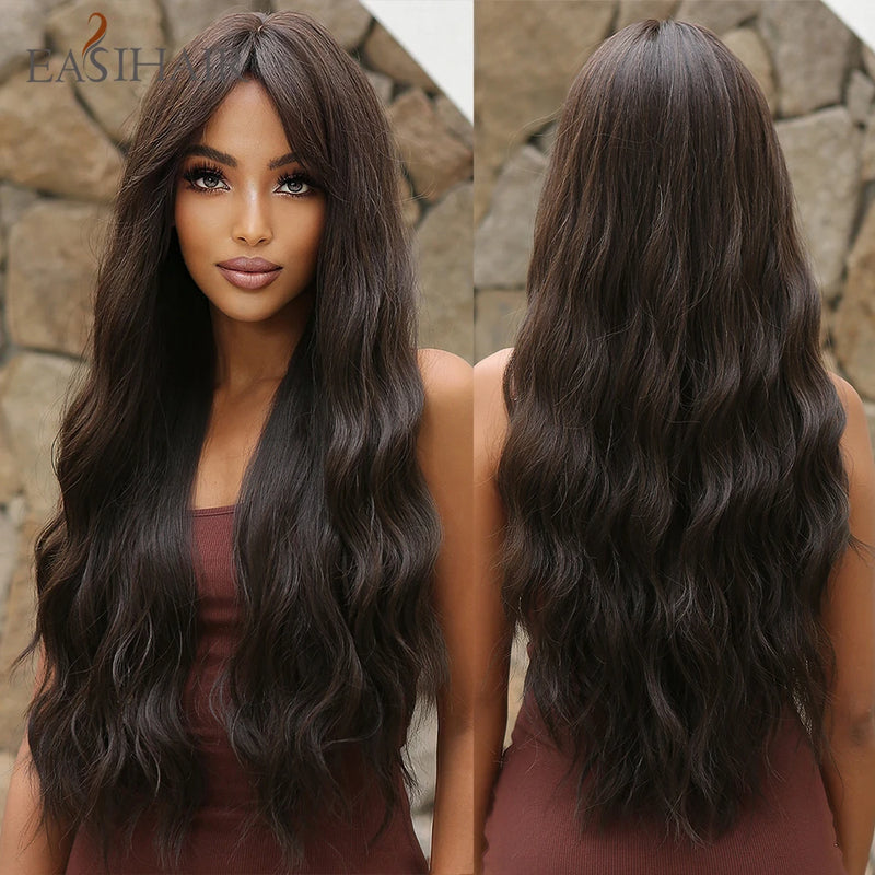 Long Blonde Ombre Brown Synthetic Wigs Water Wavy Platinum Wigs with Bang Hair Wig for Women Daily Cosplay Party Heat Resistant