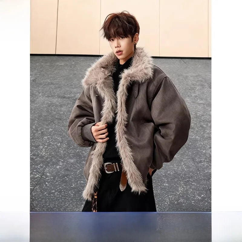Café Brown Fur Collar Short Thickened Men's Jacket Winter Coat Youth Fashion Suede Mink Velvet Cotton Clothes for Men