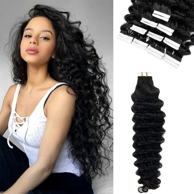 Deep Wave Tape In Extensions 100% Human Hair Curly | SAMAG
