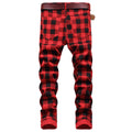 Men's Red Jeans with Checkered Print Details, Made | SAMAG