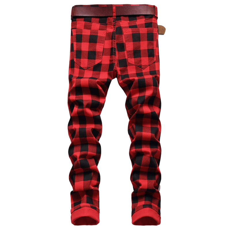 Men's Red Jeans with Checkered Print Details, Made | SAMAG