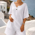 Summer Cotton Linen Casual Short-sleeved Tops Women's Suit New Fashion Female Beach Vacation 5 Point Straight Shorts 2piece Set