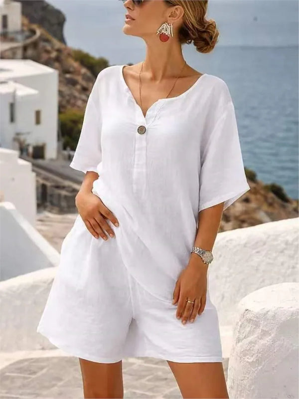 Summer Cotton Linen Casual Short-sleeved Tops Women's Suit New Fashion Female Beach Vacation 5 Point Straight Shorts 2piece Set