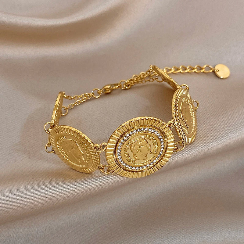 Vintage Gold Plated Stainless Steel Coins Wrist Bracelet for Women Men Classic Ethnic Cuff Bracelets Waterproof Jewelry
