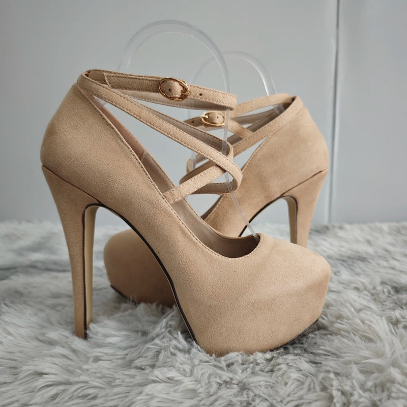 Women Pumps Sexy Cross Strap Stripper Pole Dance High Heels 14cm Shallow Round Toe Platform Stiletto Elegant Party Wedding Shoes