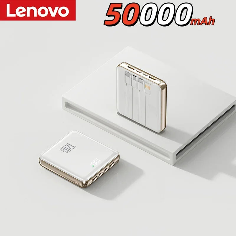 Lenovo New 500000mAh Mini Power Bank Built-in 4 Cables Large Capacity Super Fast Charging External Battery for IPhone Samsung