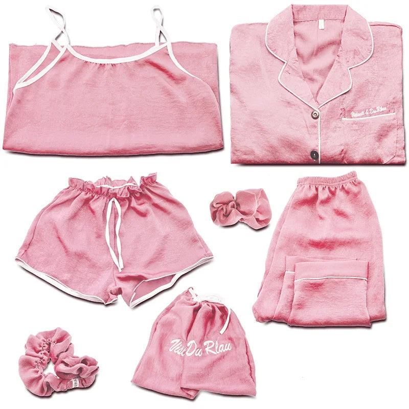 Spring Autumn 7 Pieces Set Silk Elegant Women Pajamas Print Shorts Long Sleeve Top Elastic Waist Pants Lounge Sleepwear