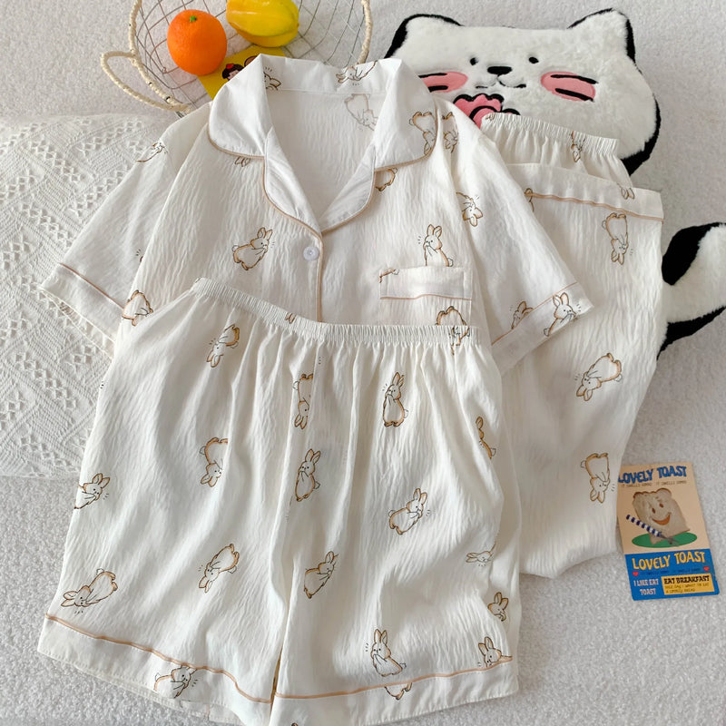 Cartoon Hello Kitty Summer Cardigan Lapel Women's Pajama Set Cloud Cotton Cute Printed Casual Loungewear Three-piece Set