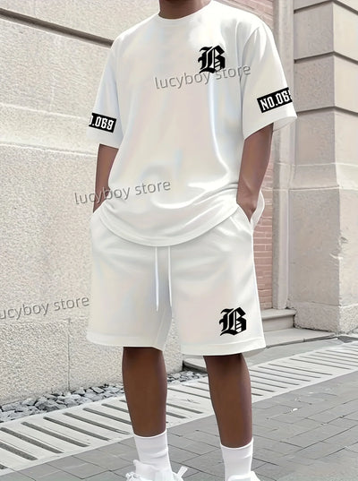 LB Printed Sport T-shirt+shorts Suit Set Men Male Luxury | SAMAG